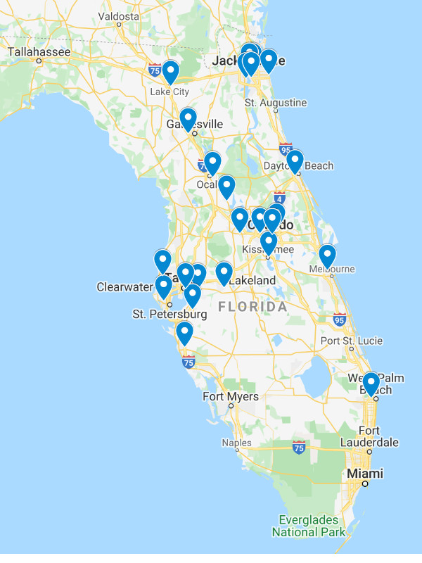 Locations marked across Florida for TBI Diagnostics and Treatment centers